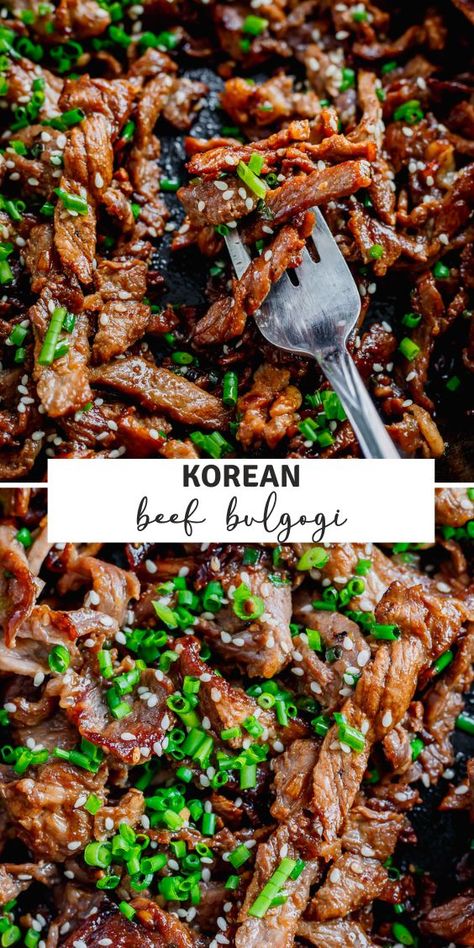 Korean Beef Bulgogi Recipe – Thin strips of marinated beef cooked quickly over a hot sizzling grill or skillet is a delicious way to enjoy homemade Korean BBQ! Serve this easy beef recipe with rice and your favorite Korean side dishes for a meal the whole family will devour! Asian Beef Dinner Recipes, Korean Bbq Steak Marinade, Korean Shaved Beef Recipes, Korean Steak Recipes, Beef Wok Recipes, Korean Steak Bowl, Crispy Beef Recipe, Diy Korean Bbq At Home, Korean Bbq Beef Bowl