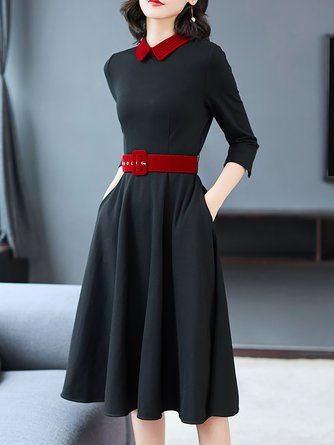 Work A-Line Elegant Belt Midi Dress Plain Skater Dress, Best Formal Dresses, Formal Shirt Dress, Daytime Dresses, Black Midi, Belt Black, Linnet, Classy Dress, Skater Dress