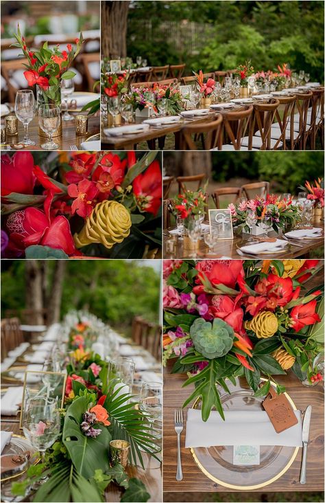 Tropical Chic Langosta Beach Wedding • Mi Besos Costa Rica Tropical Backyard Wedding Reception, Colorful Theme Wedding, Costa Rica Wedding Bouquet, Costa Rica Wedding Colors, Tropical Theme Wedding Decorations, Tropical Beach Wedding Color Palette, Tropical Wedding Palette, Tropical Wedding Table Settings, Fall Tropical Wedding