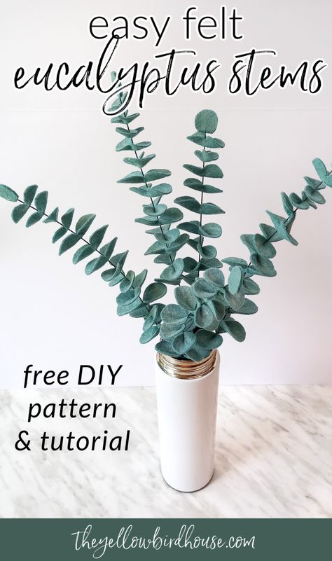 DIY Felt Eucalyptus Stems - Free Pattern - The Yellow Birdhouse Felt Leaves Pattern, Diy Leaves Decor, Felt Eucalyptus Diy, Diy Paper Eucalyptus Leaves, Diy Felt Bouquet, Eucalyptus Diy Decor, Eucalyptus Cricut, Felt Eucalyptus Leaves, Eucalyptus Leaf Template