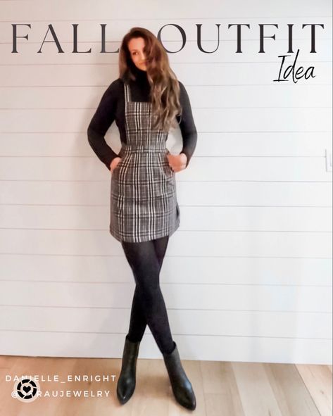 Fall Outfits | Plaid dress | Overalls | outfit ideas Flannel Dress Outfit Winter, Plaid Fall Dress, Overall Dress With Tights, Plaid Dress Outfit Winter, Overall Dress Outfit Fall, Dress Overalls Outfits, Overalls Outfit Ideas, Fall Outfits Plaid, Plaid Dress Outfit