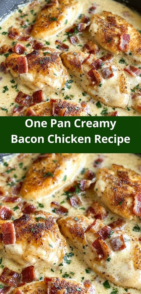 Need chicken breast recipes with a twist? This One Pan Creamy Bacon Chicken Recipe is delicious! Ideal for chicken recipes dinner ideas, chicken recipes healthy, and quick chicken meals. Bacon Chicken Thigh Recipe, Creamy Garlic Bacon Chicken, Fry Pan Meals, Crockpot Chicken Bacon Recipes, Chicken And Bacon Dinner Recipes, Chicken Bacon Meals, Chicken In Bacon, Soft Supper Ideas, Chicken Thighs And Bacon Recipes