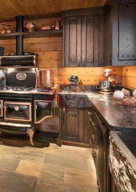 Log Cabin Kitchen Flooring Ideas, Wood Cabin Kitchen Ideas, Modern Country Cabin, Log House Kitchen Modern, Cabin Kitchen Makeover, Small Rustic Cabin Kitchen, Log Cabin Kitchen Cabinet Colors, Interior Cabin Colors, Farmhouse Cabin Kitchen