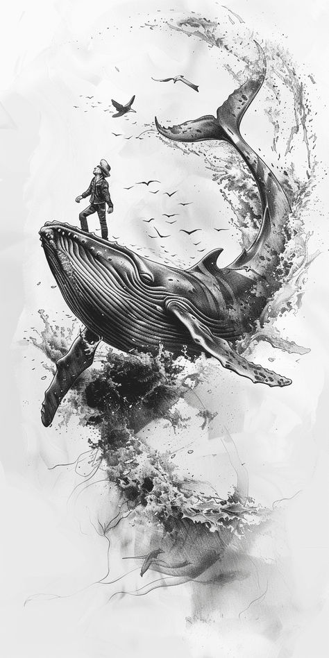 a man riding a whale , abstract , pencil sketch , tattoo design , full body shot , 3d illusion , high contrast , colouring page , line art , white background Whale Tattoo Men, Pencil Sketch Tattoo, Whales Drawing, Line Art White Background, Whale Line Art, Whale Abstract, Whale Tattoo Design, Humpback Whale Tattoo, Whale Sketch