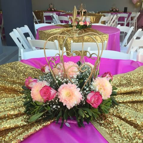 Princess Claudeth Birthday Party  Crown Center Piece Crown Table Centerpiece, Queen Centerpiece Ideas, Crown Centerpiece Ideas, Crown Centerpiece, Quinceanera Planning, Quinceanera Decorations, Quinceanera Party, Birthday Party Celebration, Party Centerpieces