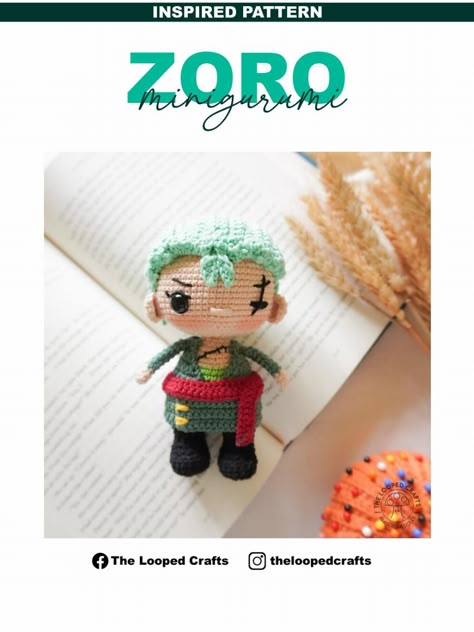 INSPIRED PATTERN ZORO minigurumi Crochet Zoro One Piece, One Piece Amigurumi, Crochet Pencil Case, Doll Amigurumi Free Pattern, Knitting Crafts, Crochet Cat Pattern, Quick Crochet Patterns, Pola Amigurumi, Amigurumi Ideas