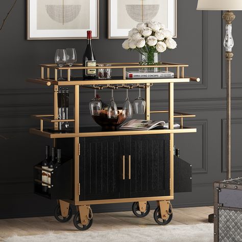 Are you looking for a perfect bar cart? Let's get all your questions answered from its key features to the accessories required, before you buy it. Drink Trolley Ideas, Dark Academia Bar Cart, Bar Cart With Mini Fridge, Luxury Mini Bar At Home, Alcohol Bar For Home, Bar Carts Ideas, Cocktail Room In House, Vintage Bar Cart Styling, Corner Bar Furniture