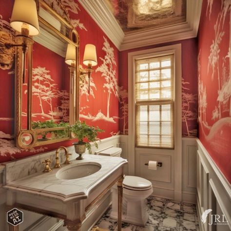 Red Powder Room, Gorgeous Bathroom Tile, Decorating With Red, Red Bathroom Accessories, Lacquered Walls, Venetian Plaster Walls, Powder Room Wallpaper, Red Toile, Red Can