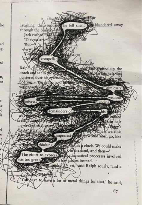 Block Out Poetry, Poetry Book Drawings, Smüt Books Pages, Painting In Books Pages, Books With Black Pages, Smüt Book Pages, Blackout Poems Art, Drawing On Book Pages, Lord Of The Flies Art