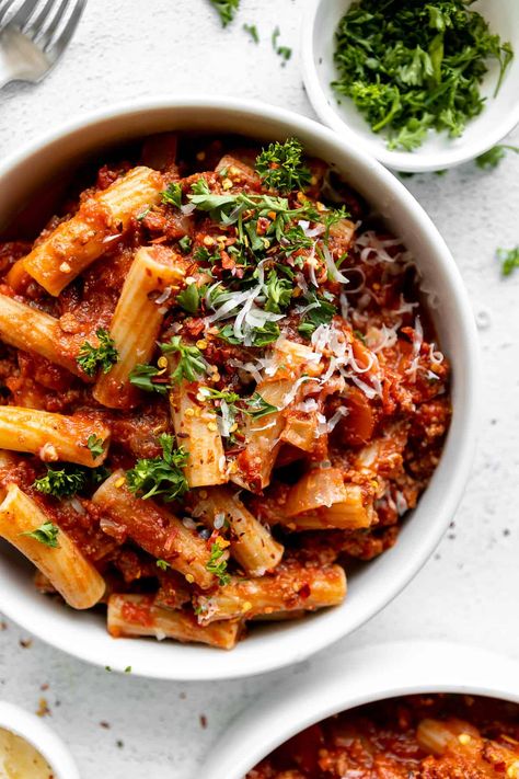 Rigatoni Bolognese Recipe, Rigatoni Bolognese, Pasta Photography, Italian Entrees, Bolognese Pasta, Baked Rigatoni, Parmesan Rind, Rigatoni Pasta, Bolognese Recipe