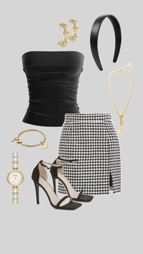 Skirt with pattern black tube top and heels, golden jewelers with pearls, black hairband ✨✨ Rich, formal, classy Outfit Inspo Stockholm, Silk Heels, Black Hairband, Black Tube Top, Skirt Heels, Stockholm Style, Black Tube, Stockholm Fashion, Gold Silk