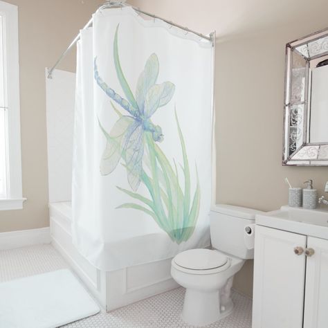 Blue Green Art, Watercolor Dragonfly, Art Shower Curtain, Green Dragonfly, Custom Shower Curtains, Dragonfly Art, Watercolor Blue, Shop Watercolor, Custom Shower