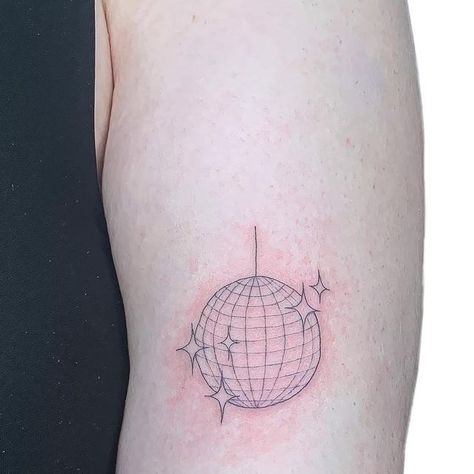 Disco Ball Tattoo Ideas, Dainty Disco Ball Tattoo, Glitter Ball Tattoo, Disco Ball Moon Tattoo, Mini Disco Ball Tattoo, Glitterball Tattoo, Fine Line Disco Ball Tattoo, Small Disco Ball Tattoo, Disco Cherry Tattoo