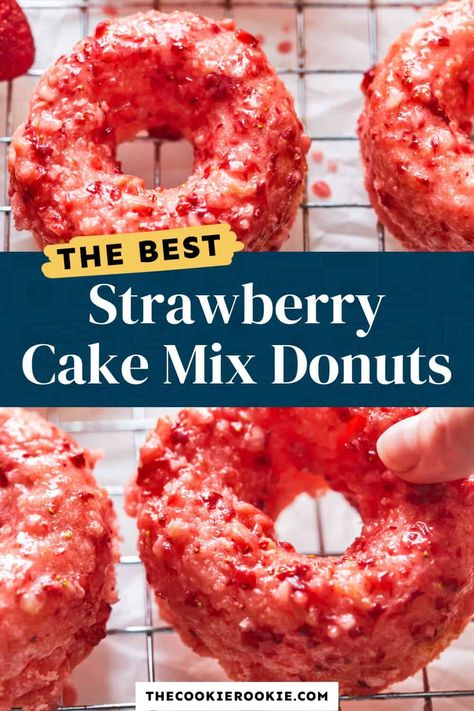 Strawberry Donuts (Cake Mix Donuts) Recipe - The Cookie Rookie® Homemade Strawberry Cake Mix Recipes, Cake Mix Donuts Fried, Strawberry Cake Mix Donuts Baked, Cake Mix Mini Donut Recipe, Cake Mix Donuts In Mini Donut Maker, Cake Mix Baked Donut Recipes, Baked Donuts With Donut Pan Cake Mixes, Cake Mix Doughnuts Baked, Easy Baked Donuts With Donut Pan