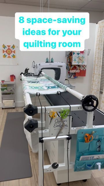 Allpeoplequilt on Instagram Storage Under Longarm, Long Arm Quilting Room Layout, Small Quilting Room Ideas, Longarm Quilting Studio Sewing Rooms, Quilting Room Organization, Quilting Room Ideas, Sewing Room Design Layout, Quilt Shop Displays, Quilting Organization