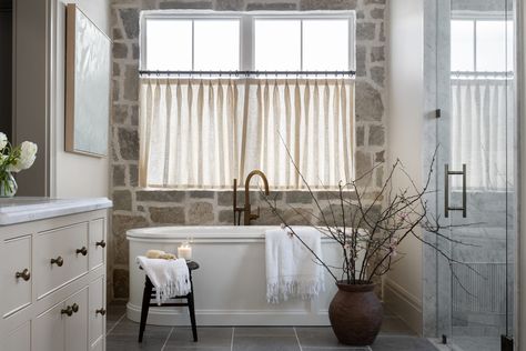 Spec Home Bathroom, Mcgee Home Paint Colors, Bathroom Shower And Bath, Bathtub Remodel Ideas, Studio Mcgee Spec Home, Bathtub In Shower, Mcgee Spec Home, Bathtub Tile Surround, Studio Mcgee Bathroom