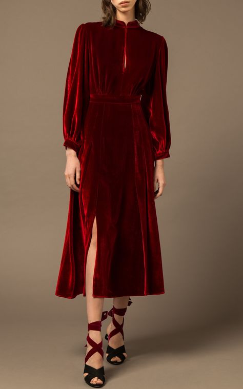 Armonia Red Velvet Midi Dress by RAQUEL DINIZ for Preorder on Moda Operandi Velvet Midi Dress With Sleeves, Red Velvet Dress Casual, Christmas Red Dress Women, Red Velvet Dress Outfit, Velvet Red Dress, Midi Dress Evening, Red Velvet Outfit, Red Velvet Fashion, Christmas Party Outfit Work