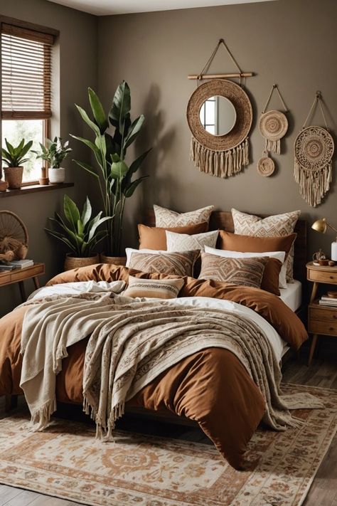 Cozy Color Schemes Bedroom Ideas, Boho Bedroom Decorations, Wallpaper Bedroom Feature Wall Boho, Wood Bed Bedroom Ideas, Boho Bedroom Colors, Earth Tone House, Organic Bedroom Ideas, Earthy Tones Bedroom, Green And Terracotta Bedroom