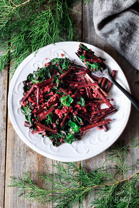 Sautéed Beet Greens: a quick recipe to make for a weeknight dinner so you can enjoy the nutritious benefits of adding more dark leafy greens to your diet. I will show you how to cook, use, store, prepare and freeze beet greens. Join the root to leaf movement and never throw out this healthy food again! | www.savortheflavour.com #beetgreens #cleaneating Veggie Side Dishes For Thanksgiving, Beet Green Recipes, Sauteed Beet Greens, Red Juice Recipe, Pagan Life, Plant Based Meat, Easy Veggie Side Dish, Southern Collard Greens, Greens Recipes