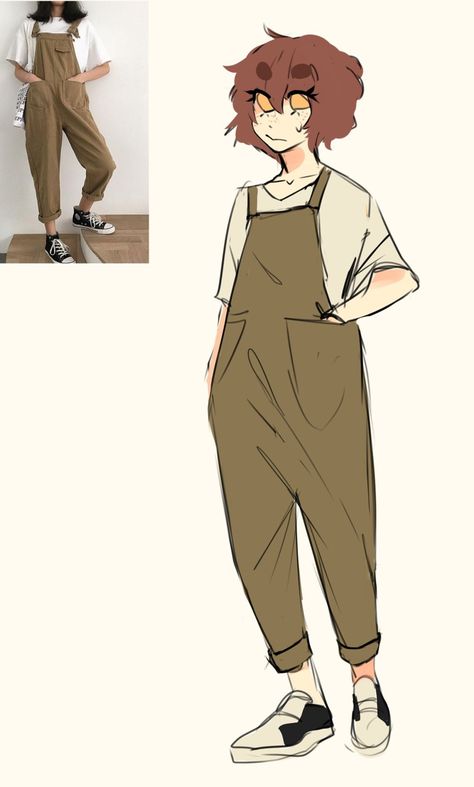 Casual Art Poses, Pancho Drawing Reference, Overall Drawing Reference, Onesie Drawing Reference, Overalls Character Design, Overalls Illustration, Sweater Reference Drawing, Overalls Drawing Reference, Overalls Drawing