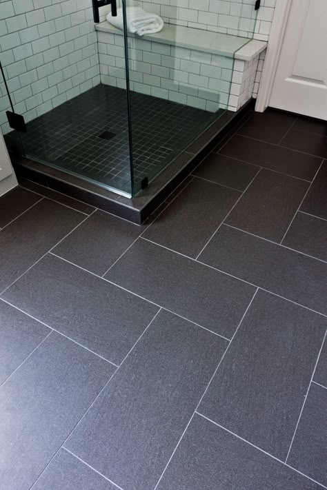 Dark Tile Bathroom Floor Master Bath, Black Tile Bathroom Floor, Carla Aston, Dark Grout, Black Tile Bathrooms, Gray Tile, Bathroom Curtain Set, Black Floor Tiles, Dark Tile