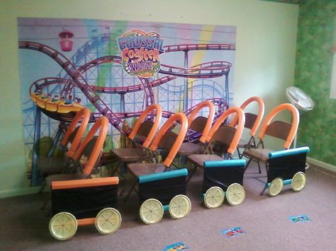 Colossal Coaster world Rollercoaster Project Ideas, Amusement Park School Project, Amusement Park Bulletin Board, Rollercoaster Project, Roller Coaster Decorations, Boardwalk Theme, Roller Coaster Theme, Carnival Classroom, Fair Theme