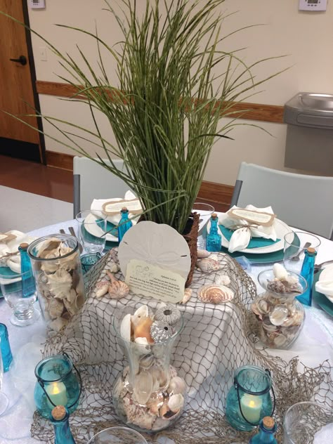 Tables of love Ocean/Beach theme Ocean Party Table Decor, Table Centerpieces Event, Beach Theme Dinner Table, Beach Theme Party Centerpieces, Beach Party Decorations Ocean Themes, Beach Wedding Decorations Reception Table Arrangements, Beach Theme Table Setting, Ocean Themed Table Decor, Beach Theme Tablescape