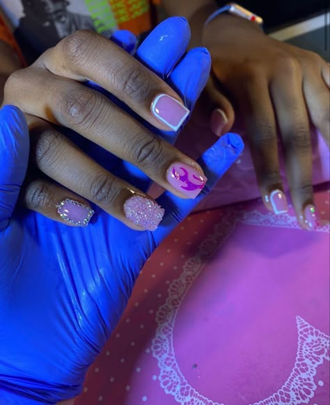 Short Square Acrylic Nails Designs Purple, Cute Short Square Nails Purple, Short Square Acrylic Nails Purple, Short Purple Acrylic Nails With Rhinestones, Cute Nails For Kids 9-10 Gel, Overlay Nails Designs, Purple Kaws Nails Short, Acrylic Overlay Nails, Shorties Acrylic Nails