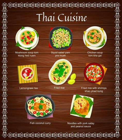 Thai cuisine vector menu card, food of Thailand Thai Bbq, Squid Salad, Pork Satay, Thai Menu, Tom Kha Gai, Bbq Menu, Lemongrass Tea, Curry Noodles, Shrimp Fried Rice