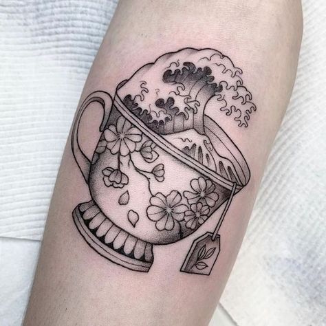 Tea Leaves Tattoo, Cup Of Tea Tattoo, Wave Tattoo Ideas, Teapot Tattoo, Wave Tattoos, Nature Tattoo Ideas, Tea Tattoo, Teacup Tattoo, Cool Nature