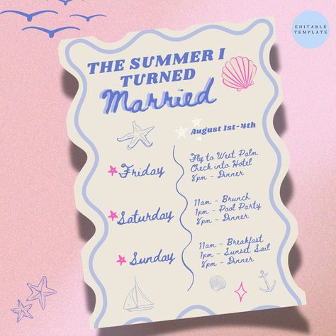 Summer I Turned Married Bachelorette Party Itinerary/Hand drawn/Cousins Beach Bachelorette/Cape Cod/Coastal Bach/Digital Download Template The Summer I Turned Pretty Bachelorette, Cousins Beach, Party Itinerary, Bachelorette Party Itinerary, Bachelorette Itinerary, Beach Bachelorette, Bachelorette Trip, Perfect Party, Cape Cod