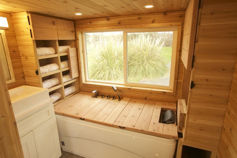 24 THOW with Bathroom Transforms to Sauna Living With Less, Tiny Home On Wheels, Glass Shower Doors Frameless, Shower Wall Tile, Best Tiny House, Home On Wheels, Corner Sink, Tiny House Bathroom, Tiny House Kitchen