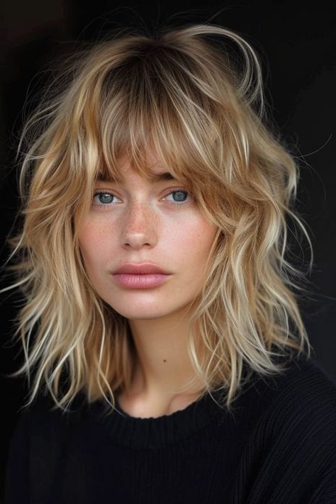 Short Shaggy Hair Round Face, Beachy Bangs Hair, Shaggy Lob Curtain Bangs, Medium Hair Layers Bangs, 70s Bangs Fringes, Blond Shag, Lob Haircut Blonde, Razored Bangs, Shaggy Lob With Bangs Round Faces