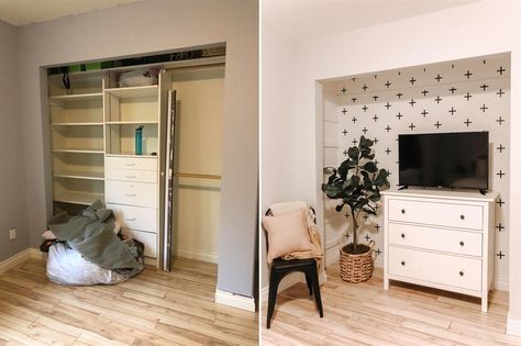 Tv Nook Makeover, Closet Makeovers, Closet Nook, Closet Conversion, Tv Nook, Clever Closet, Closet Transformation, Stylish Home Office, Dresser In Closet