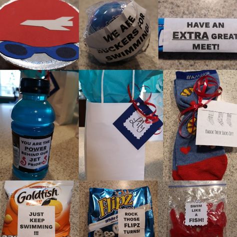 Swim Team Goodie Bag Ideas, Swim Team Gift Ideas, Swim Team Spirit Ideas, Swim Team Goodie Bags, Swim Team Gifts Treats, Snacks For Swimmers Swim Team, Swim Team Senior Night, Swim Goodie Bags, Swim Team Gift Bags