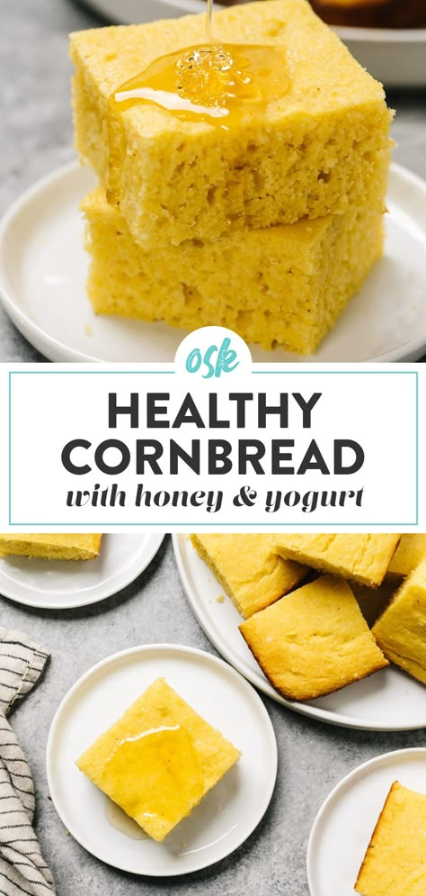 Healthy honey cornbread packs all the texture and flavor of traditional cornbread without sugar. Made with healthier ingredients like greek yogurt, honey, and olive oil, this easy recipe yields super moist - but super fluffy - classic cornbread taste and texture with far less guilt. So have a piece...or three. Gluten-free variation available. #cornbread #healthyrecipes #thanksgivingsides #sugarfree Greek Yogurt Cornbread Muffins, Heart Healthy Cornbread Recipe, Cornbread Recipe Healthy, Sugar Free Cornbread Recipe, Cornbread With Greek Yogurt, Healthy Jiffy Cornbread Recipes, Healthier Cornbread Recipe, Oat Flour Cornbread, Healthy Cornbread Recipe Clean Eating