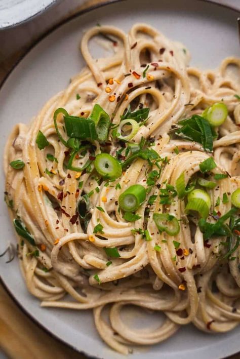 Vegan tahini pasta on a plate Vegan Tahini Pasta, Dinner With Mushrooms, Firm Tofu Recipes, Tahini Pasta, Tahini Recipe, Canned Butter, Potato Pasta, Butter Pasta, Silken Tofu