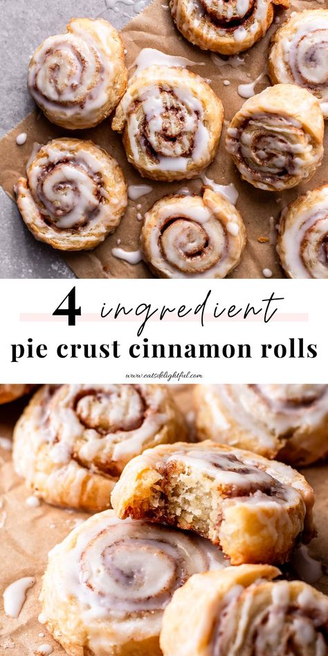 2 stacked images of iced pie crust cinnamon rolls on parchment paper: top image is overhead shot of rolls and bottom image shows closeup of one roll with bite missing Quick Breakfast Pastry, Pie Dough Cinnamon Rolls, Piecrust Cinnamon Cookies, Pillsbury Pie Crust Recipes Breakfast, Cinnamon Rolls With Pie Crust, Recipes To Make With Pie Crust, Pie Crust Nutella Recipes, Pie Crust Cinnamon Pinwheels, Cinnamon Pie Crust Cookies