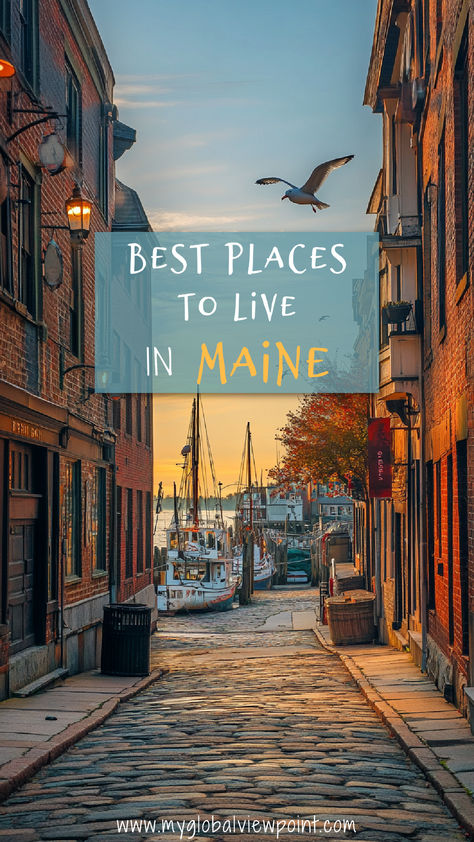 A cobblestone street in a coastal Maine town, with historic brick buildings and boats docked at the marina, is illuminated by the warm glow of sunrise. Maine Coastal Towns, Visiting Maine, Living In Maine, Maine Aesthetic, Motorhome Living, Moving To Maine, Maine Living, Visit Maine, Beautiful Places To Live