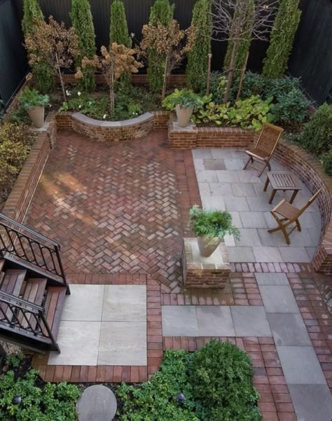 Brick Courtyard, Backyard Layout, Brick Patio, Hardscape Design, Backyard Privacy, Brick Pavers, Landscape Designs, Brick Patios, Stamped Concrete