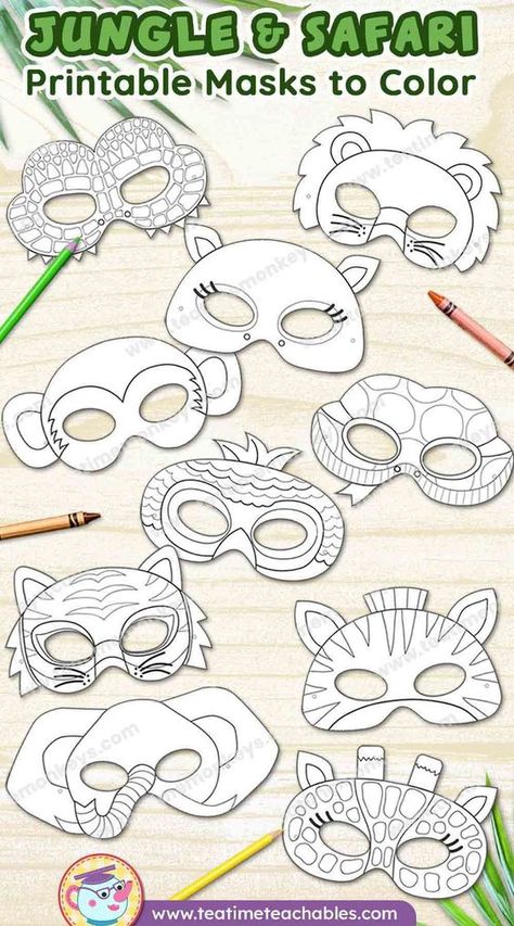 Get your kids ready for an adventure in the jungle with these fun printable jungle animal masks for coloring! Whether it's for arts and crafts, role-playing, or a themed party, these masks are sure to bring hours of fun. Let the coloring and decorating begin! Available in store - click the pin to learn more. Jungle Theme Art Projects, Safari Week Activities, Safari Themed Activities For Kids, Safari Kids Activities, Safari Themed Crafts For Kids, Jungle Themed Activities For Kids, Jungle Animal Crafts For Toddlers, Jungle Art Activities, Jungle Theme Party Games