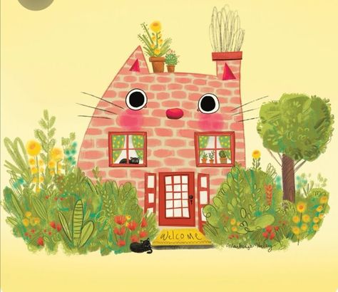 Cat House Illustration, Fantasy House Illustration, Cat House Drawing, Marxist Art, Tree House Illustration, Illustration Gif, Illustration Tree, Naive Painting, House Cartoon