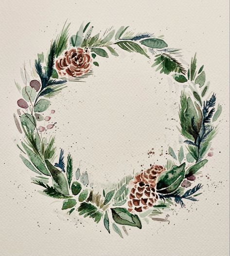 Simple Christmas pine wreath watercolor Christmas Wreaths Watercolor, Watercolour Christmas Wreath, Winter Watercolor Simple, Christmas Wreath Watercolor, Christmas Pine Wreath, Paint Inspo, Paintings Ideas, Watercolor Wreath, Easy Christmas Wreaths