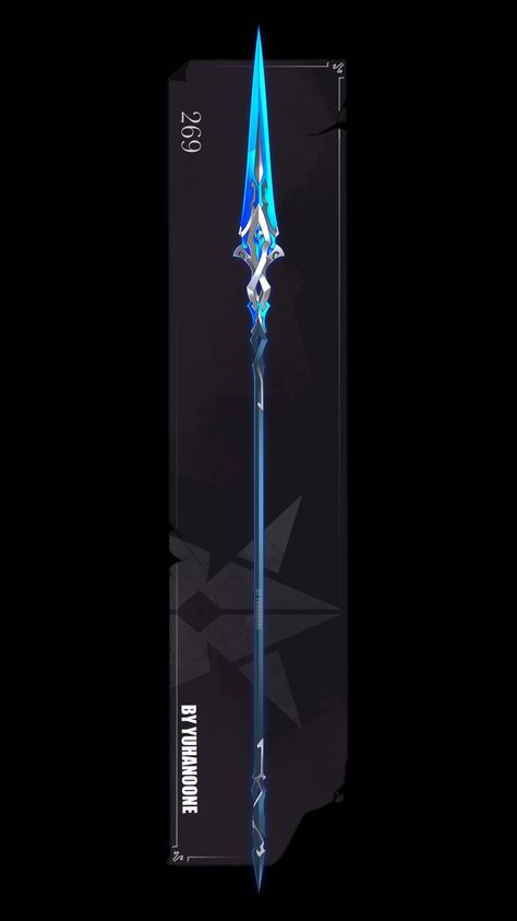 Water Spear Design, Anime Spear Design, Spear Design Ideas, Genshin Polearm Design, Fantasy Spear Art, Spears Design Art, Spear Designs Art, Spear Rpg, Fantasy Polearm Designs