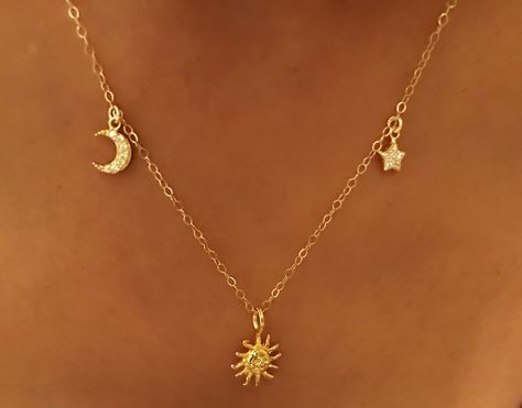 Moon, sun, star necklace. Sun Moon Star Necklace, The Sun To My Moon, Sun To My Moon, Moon Sun Star, Dope Jewelry Accessories, Sun And Moon Necklace, The Planet Earth, Three Star, Gnome Patterns