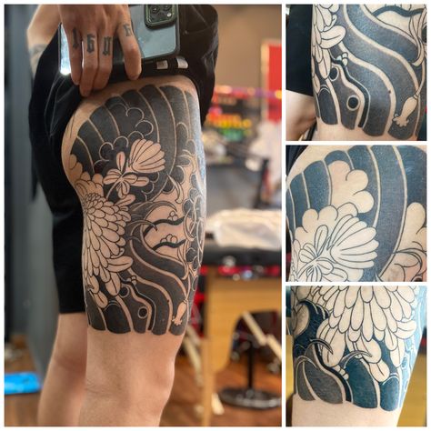 Japanese Knee Tattoo, Thigh Sleeve Tattoo, Japanese Leg Tattoo, Ferdinand The Bulls, Thigh Sleeve, Japanese Legs, Thai Tattoo, Japan Tattoo, Japanese Tattoo Designs