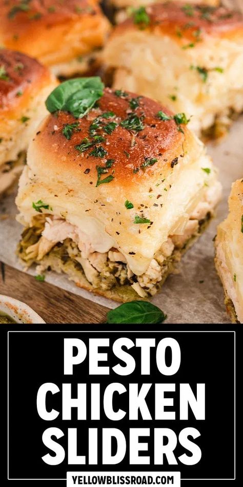 Pesto Chicken Sliders are a quick and easy weeknight meal that takes less than 30 minutes to make. Shredded chicken gets sandwiched between rolls along with pesto and melted mozzarella. Save even more time by using a store-bought rotisserie chicken or leftover chicken! Shredded Chicken Pesto, Pesto Chicken Sliders, Pesto Sliders, Pesto Chicken Sandwich, Pesto And Mozzarella, Deli Style Sandwiches, Chicken Pesto Sandwich, Bbq Chicken Sliders, Slow Cooker Shredded Chicken