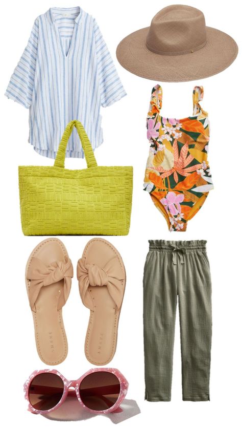 beach side or pool side outfits, pool fashion, swim fashion, summer style, beach style, retro print swimsuit, tunic beach cover up, knot sandals Pool Side Outfit, Summer Style Beach, Knot Sandals, Poolside Outfit, Circular Sunglasses, Gauze Pants, Pool Fashion, Beach Side, Pool Side