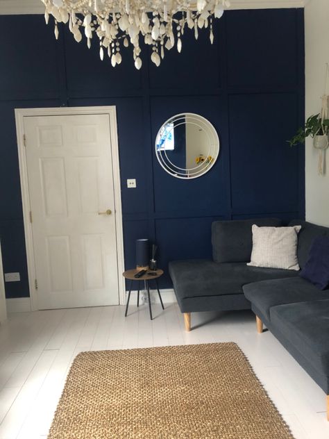 Navy Sofa Living Room Panelling, Navy Blue Panelling Living Room, Navy Panelling Living Room, Navy Panelling Wallpaper Living Room, Navy Blue Wood Panel Wall, Navy Wall Panelling, Navy Panelling, Lounge Diner Ideas, Dark Blue Wallpaper Lounge