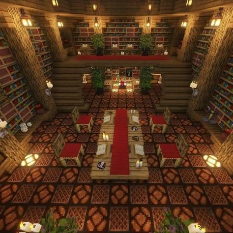 Minecraft Aesthetic Library, Minecraft Castle Library, Minecraft Medieval Interior Ideas, Minecraft Throne Room Ideas, Archway Minecraft Ideas, Minecraft Firework Shop, Minecraft Royal Bedroom, Minecraft Town Hall Interior, Minecraft Foyer